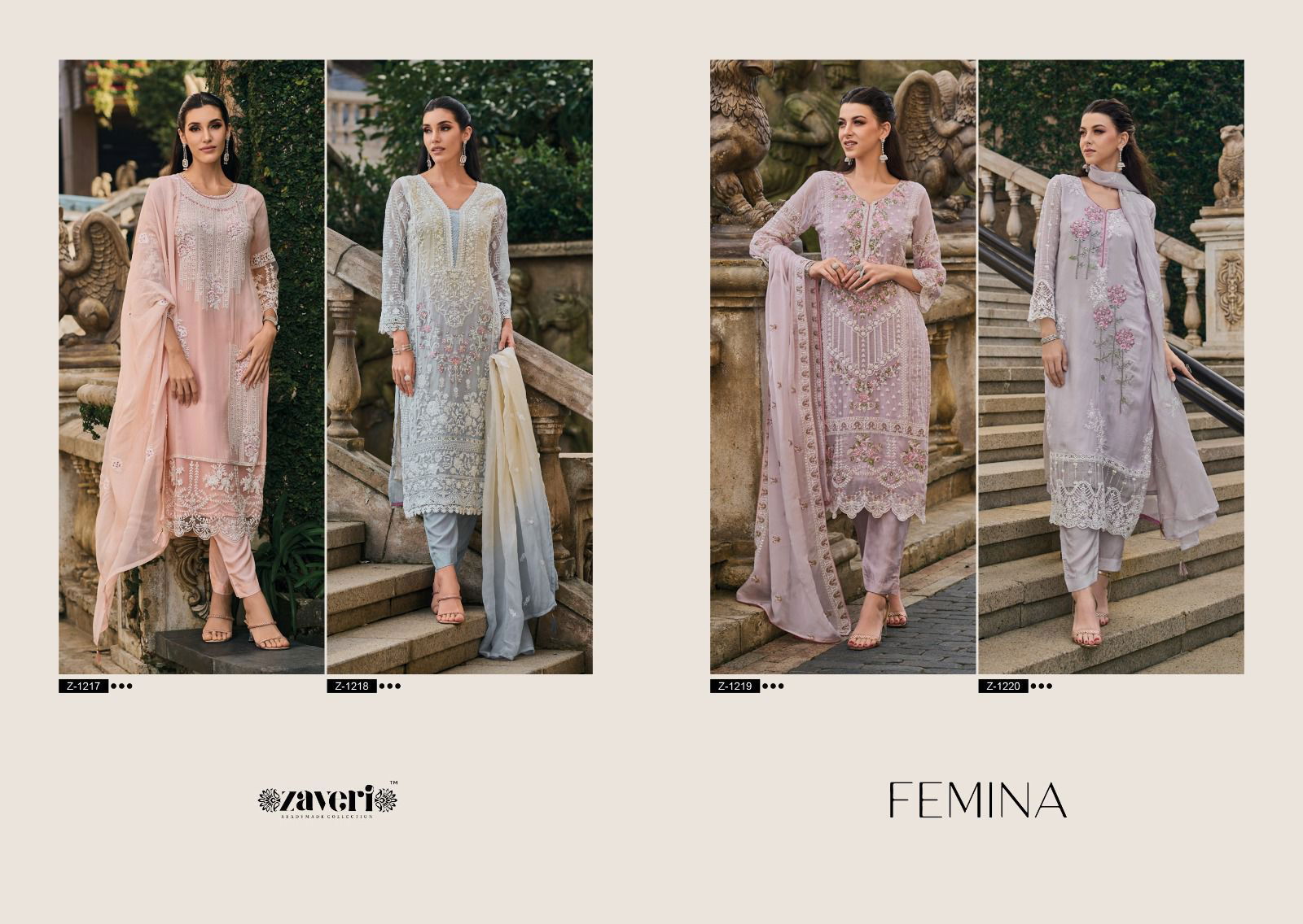 Zaveri Femina Soft Organza Designer Readymade Suits Catalog
